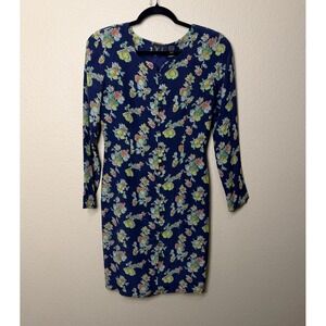 YL Dress Womens Navy Blue Floral 100% Silk Button Front Long Sleeve Mini Dress 4